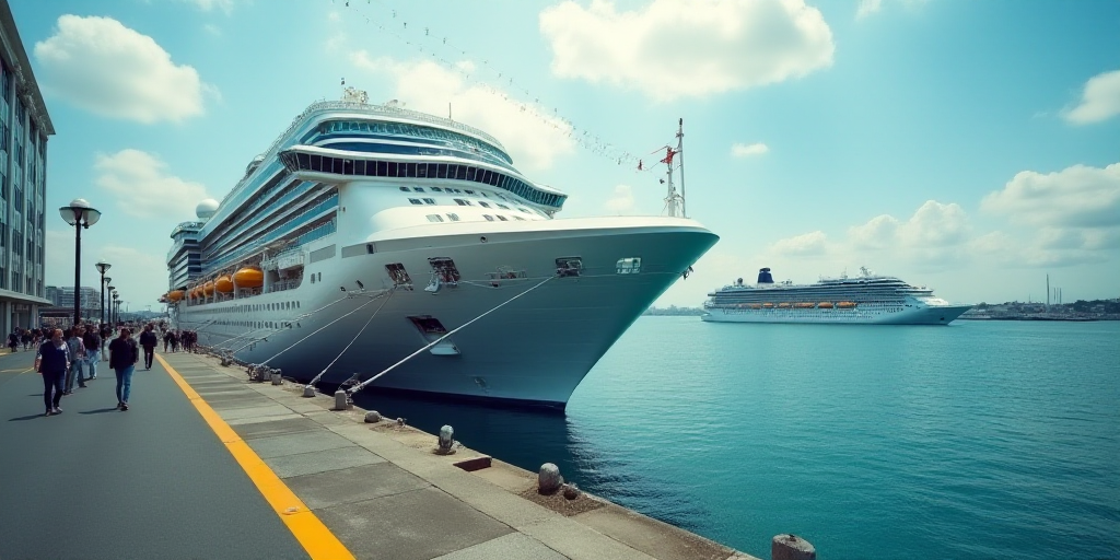 a cruise ship docked at a pier with people walking on the walkway next to it and a cruise ship in th