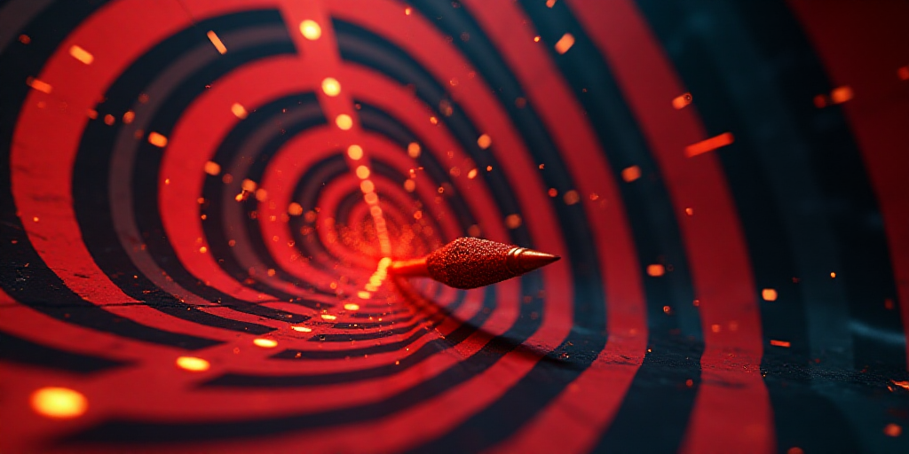 a dart hitting a target in the center of a line of red and black lines with a dart hitting it, Andri