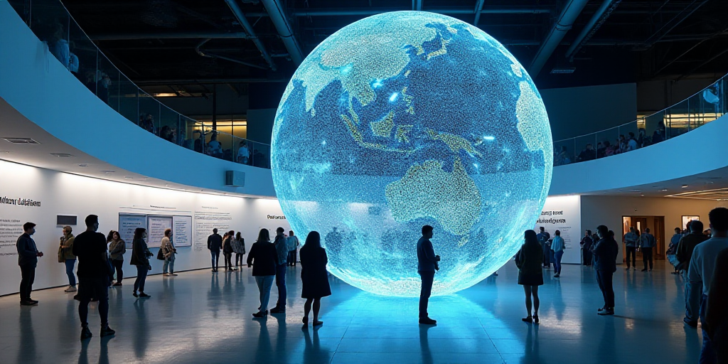 a display of a globe in a building with people standing around it and a sign that says el futuro del