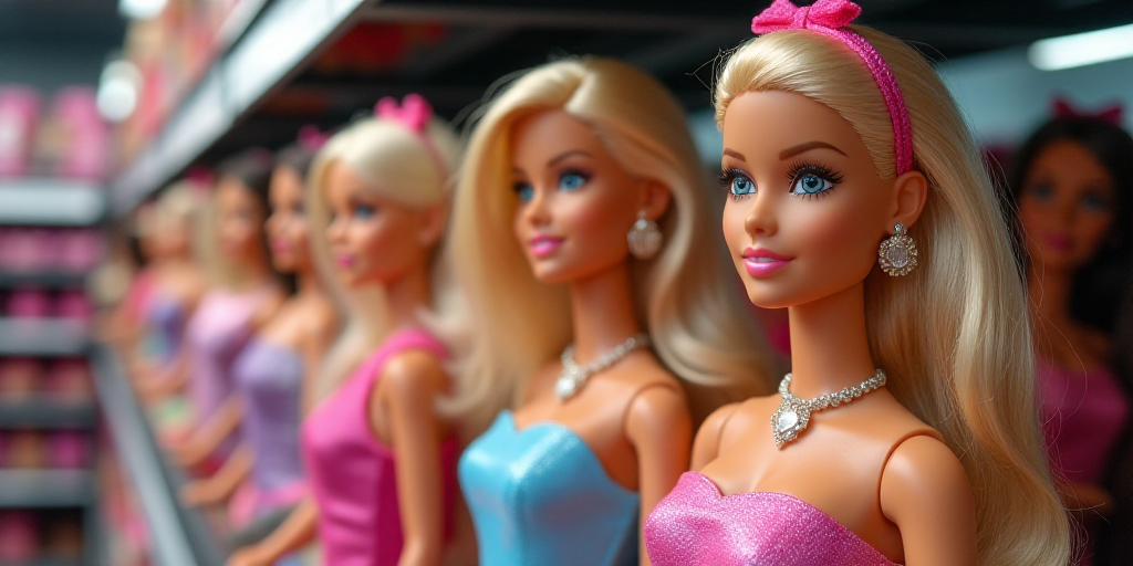 a display of barbie dolls in a store for sale in a store shelf with other barbie dolls on display, A
