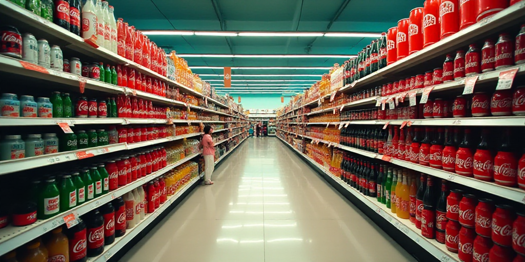 a display of soft drinks in a store aisle with a variety of colors and flavors on the shelves of the