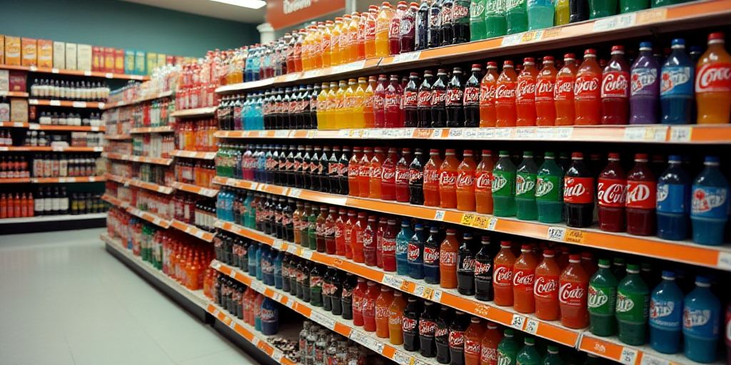 a display of soft drinks in a store aisle with a variety of colors and flavors on the shelves of the
