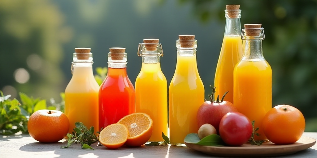 a display of various types of food in bottles and bottles of juices and condiments on a table, Cefer