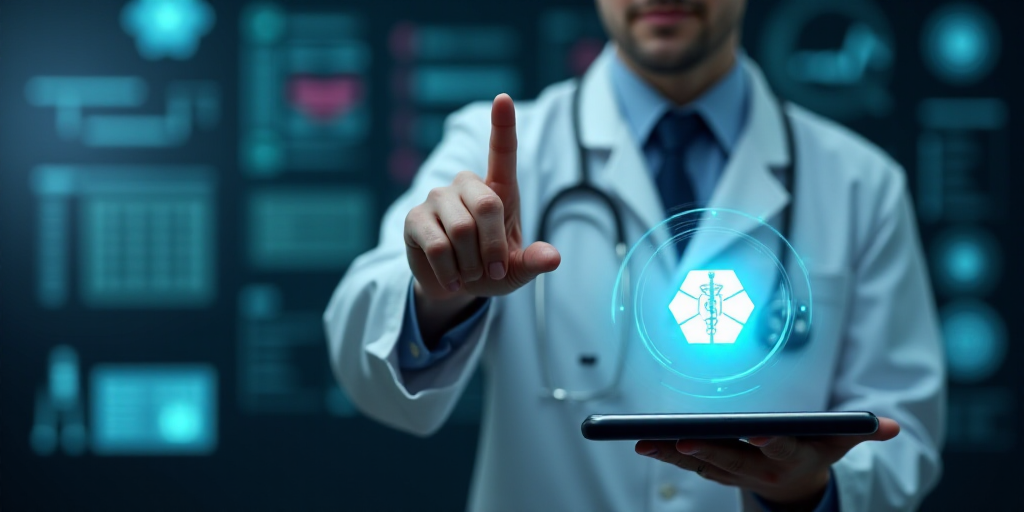 a doctor is holding a tablet with a medical icon on it and pointing at it with a finger in the air,