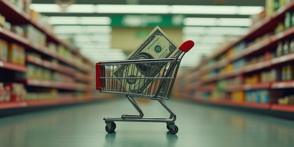 a dollar bill in a shopping cart and a shopping cart with a dollar bill in it in a grocery store, Do