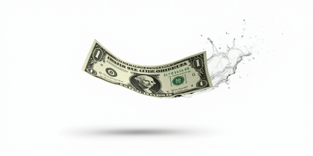 a dollar bill is falling into the air with a spray of water on it's side and a white background, And