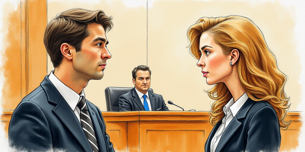 a drawing of a man and woman in court looking at each other in a courtroom room with a judge, Edward