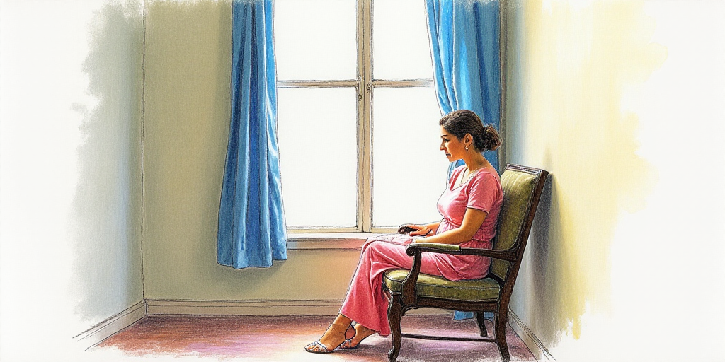 a drawing of a woman sitting next to a man in a chair in front of a window with a blue curtain, Ceci