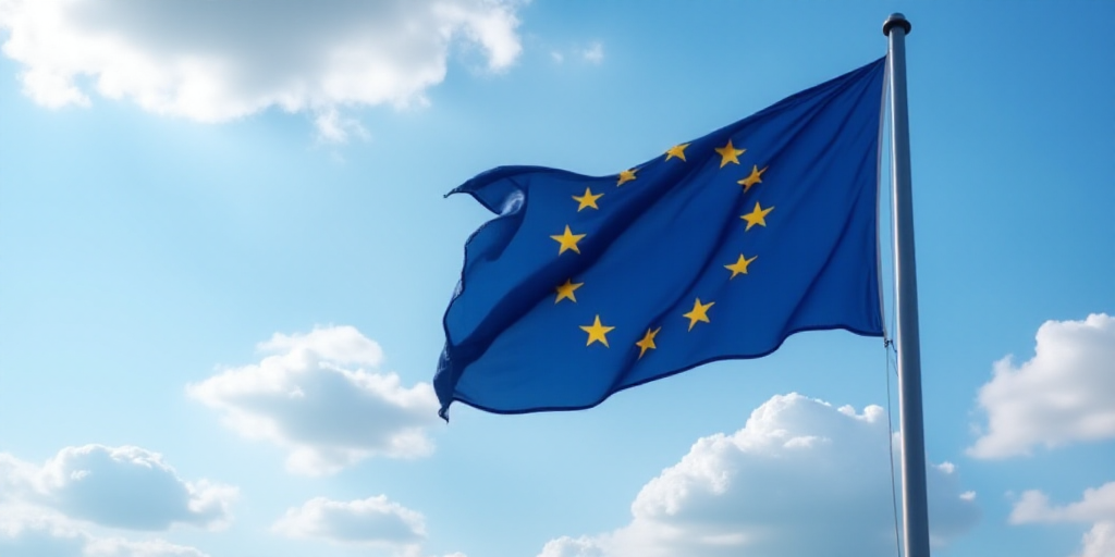 a european flag flying in the wind on a sunny day with clouds in the background and a blue sky with