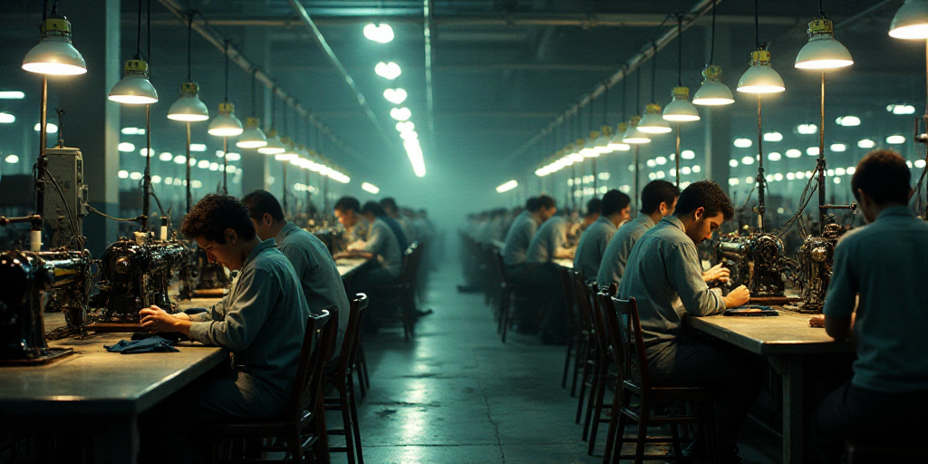 a factory with a lot of people working on sewing machines and chairs and a lot of people working on