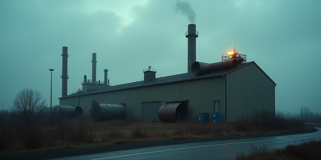 a factory with a lot of pipes and a yellow light on top of it's roof and a cloudy sky, Enguerrand Qu