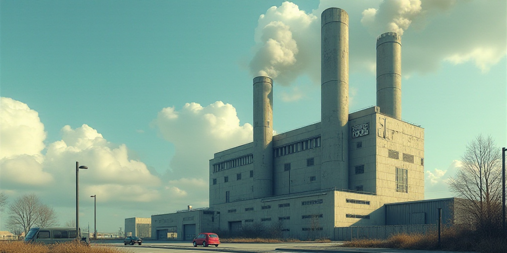 a factory with a sign on the side of it that says volkswagen in front of a cloudy sky with a blue sk