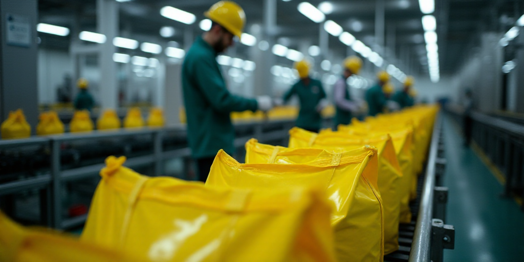 a factory with workers and yellow bags on the conveyor belt and a conveyor belt in the background, C