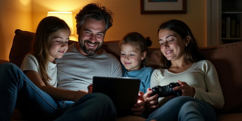 a family sitting on a couch looking at a tablet computer and a laptop computer on their lap, while a