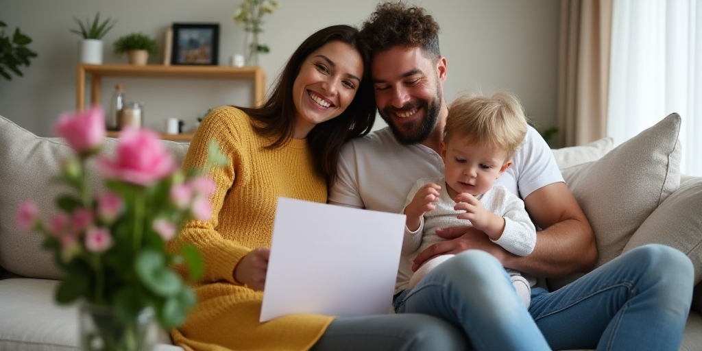 a family sitting on a couch with a bouquet of flowers and a card in front of them, and a man holding