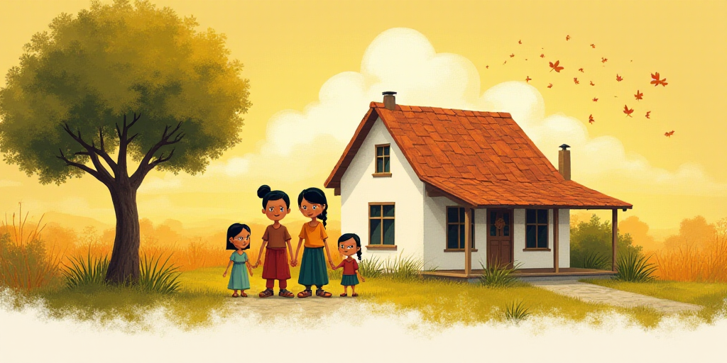 a family standing in front of a house with icons above it and a tree in the background with leaves,