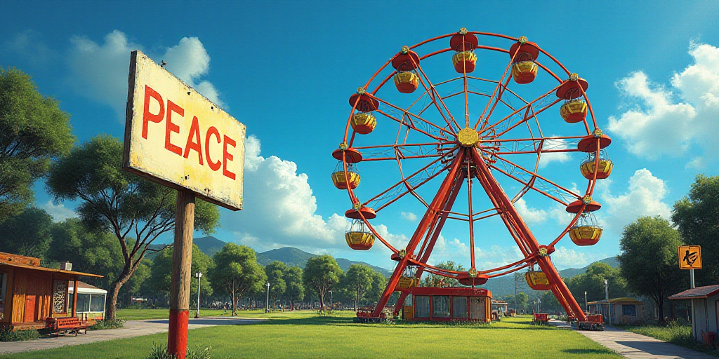 a ferris wheel and a sign that says peace in front of a park with a blue sky in the background, Fede