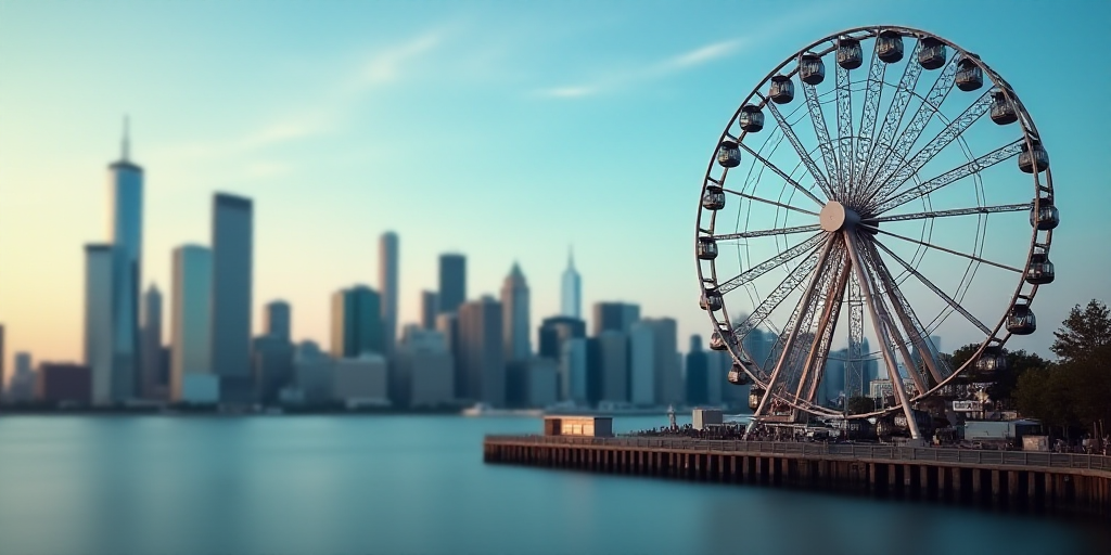 a ferris wheel sitting next to a body of water near a city skyline with a ferris wheel in the distan