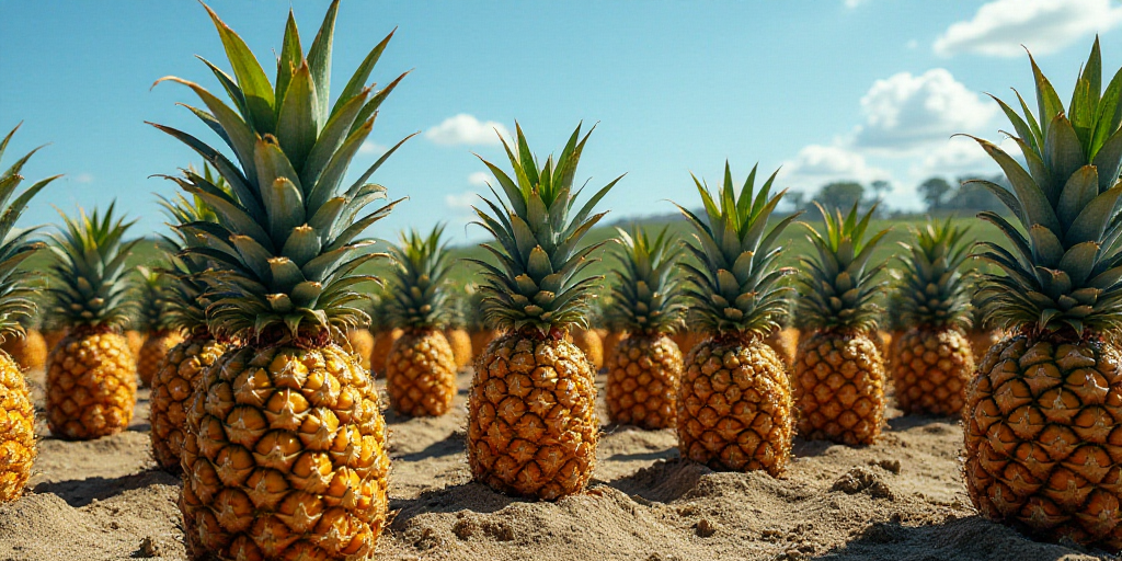 a field of pineapples with rows of pineapple trees in the background and a blue sky in the backgroun