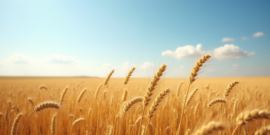a field of wheat is shown in the sunlight with a blue sky in the background and a few clouds in the