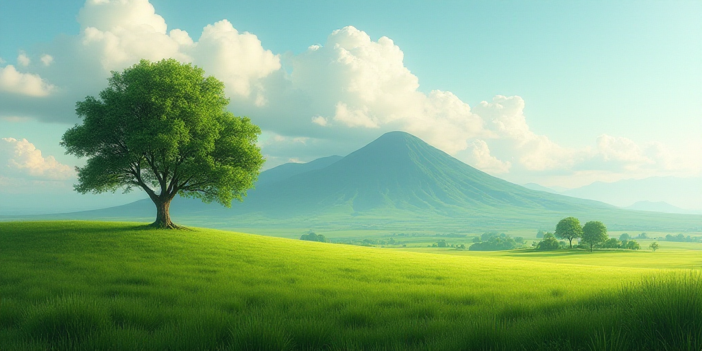 a field with a tree and a mountain in the background with a cloudy sky above it and a green field wi