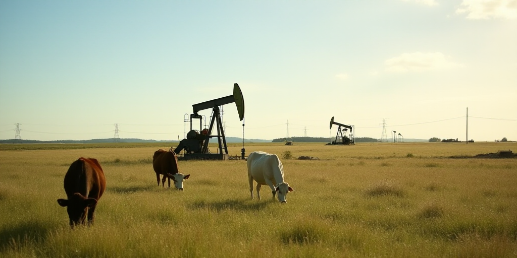 a field with oil pumps and cows grazing in the grass and a few cows grazing in the foreground, Andri
