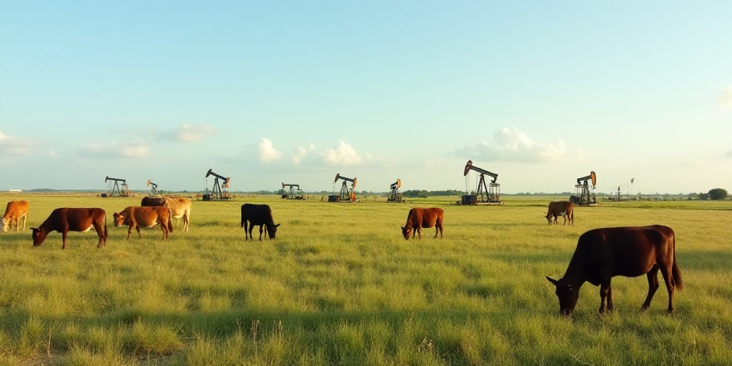 a field with oil pumps and cows grazing in the grass and a few cows grazing in the grass in the fore