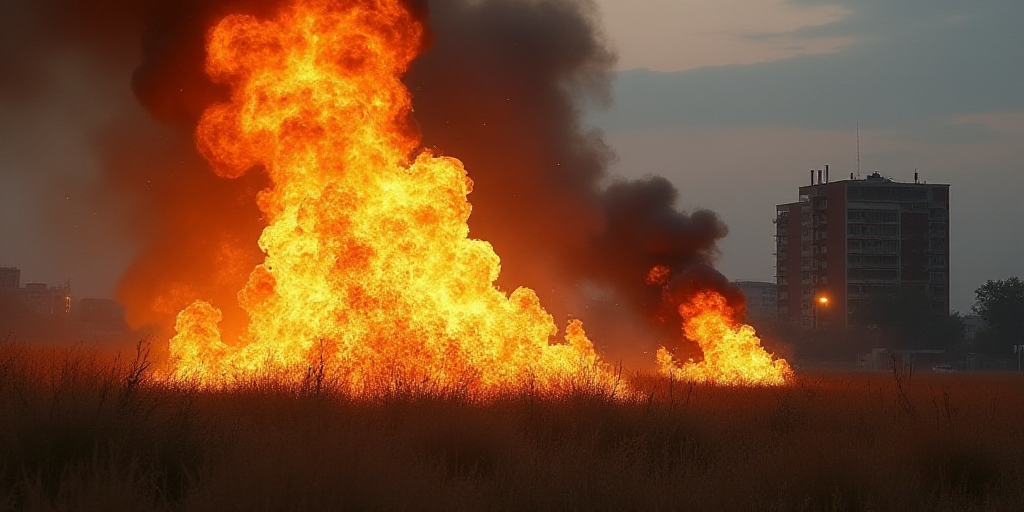 a fire is burning in a field with a large object in the background and a building in the background,