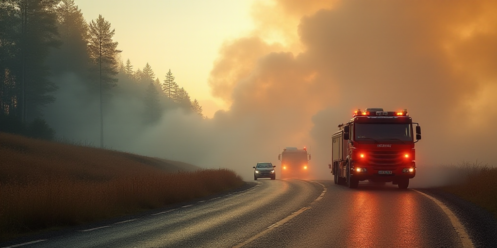 a fire truck and a car on a road with a lot of smoke in the background and a fire truck on the road,
