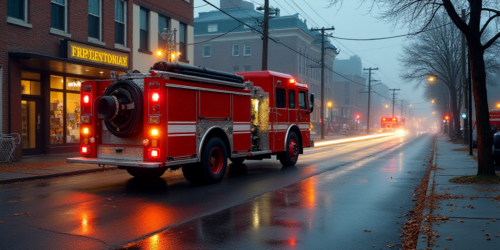 a fire truck is parked on the side of the road with a hose attached to it's back, David Park, sparks