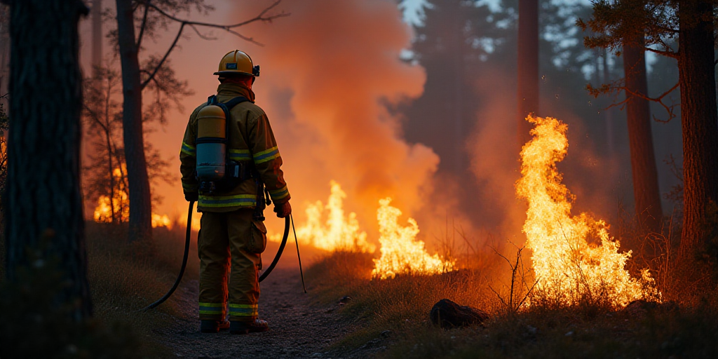 a firefighter is standing near a fire in the woods with a hose in his hand and a fire in the ground,