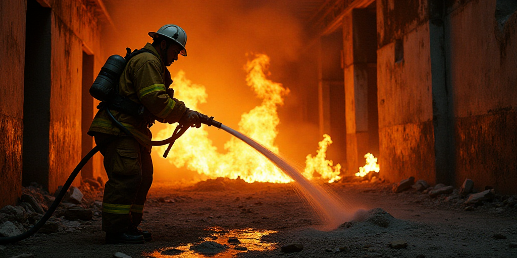 a firefighter is using a hose to extinguish a fire in a destroyed building that has been gutted, Dav