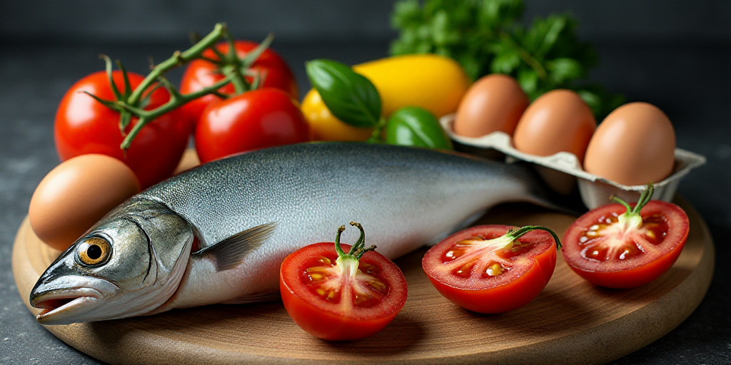 a fish, eggs, tomatoes, and other foods are arranged on a table top with a carton of eggs, Anne Rign