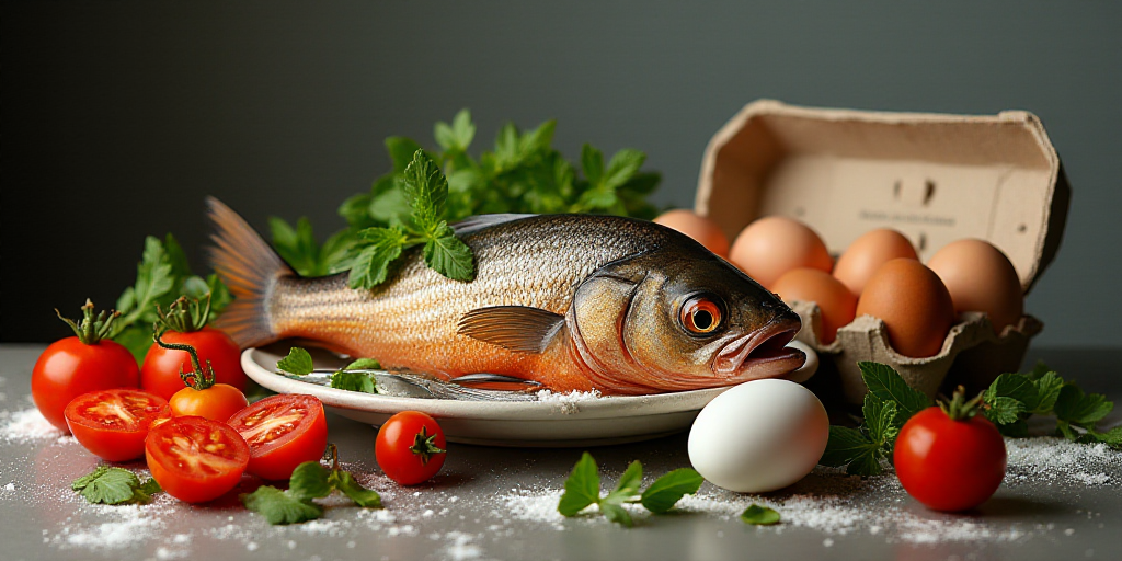 a fish, eggs, tomatoes, and other foods are arranged on a table top with a carton of eggs, Anne Rign