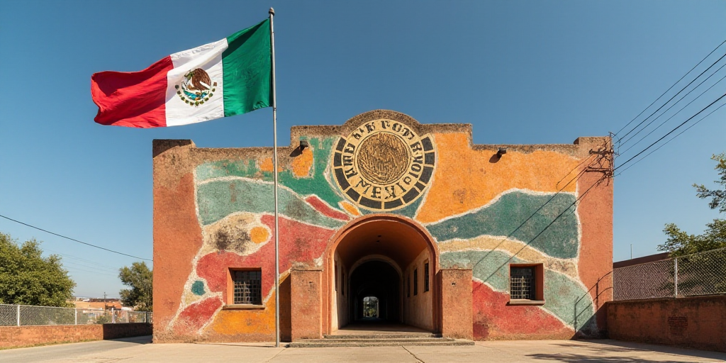 a flag and a coat of arms on a building with a sign on it that says mexico and a flag with a coat of