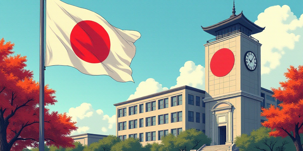 a flag flying in front of a building with a clock tower in the background and a large building with
