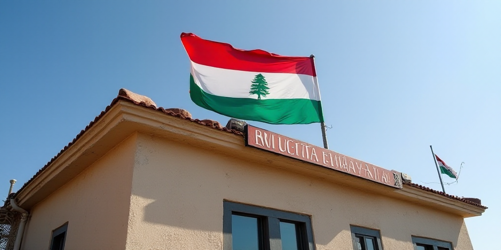 a flag flying in the wind in front of a building with a flag pole and a sign on it, Bouchta El Hayan