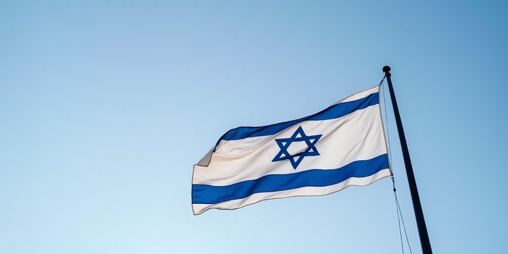 a flag flying in the wind with a blue star of david on it's side and a black pole, De Hirsh Margules
