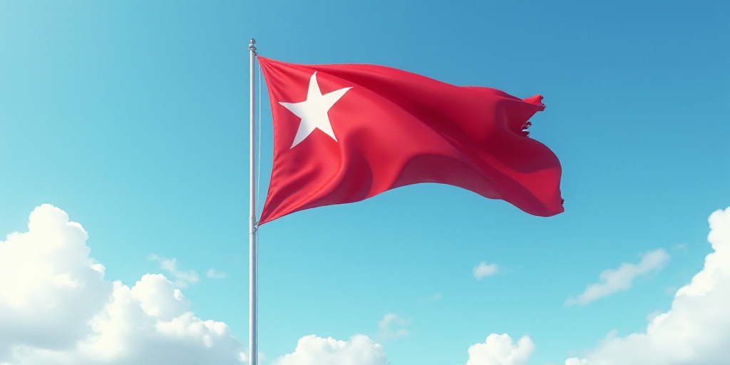 a flag flying in the wind with a blue sky in the background with clouds in the sky and a white star