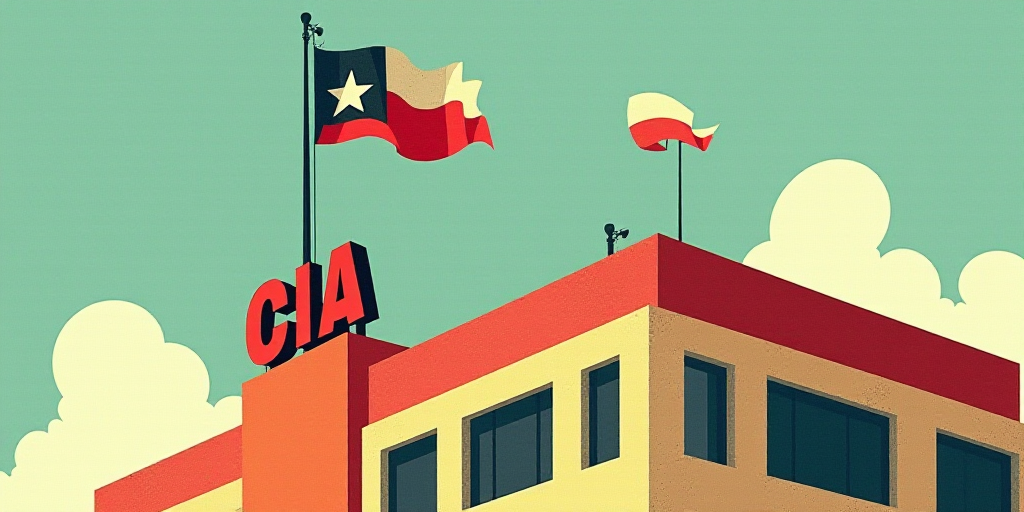 a flag flying on top of a building next to a sign that reads cia and a flag on top of a building, Da