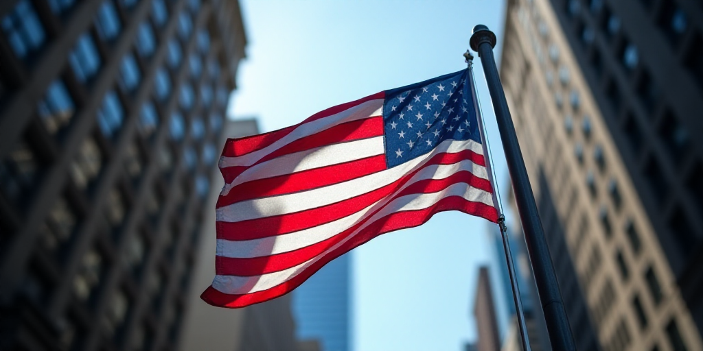 a flag is flying on the corner of a building in new york city, usa, on a flagpole, Andries Stock, sh