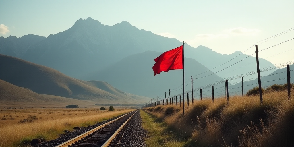 a flag is on a pole near a fence and a mountain range in the background with a train track, Americo