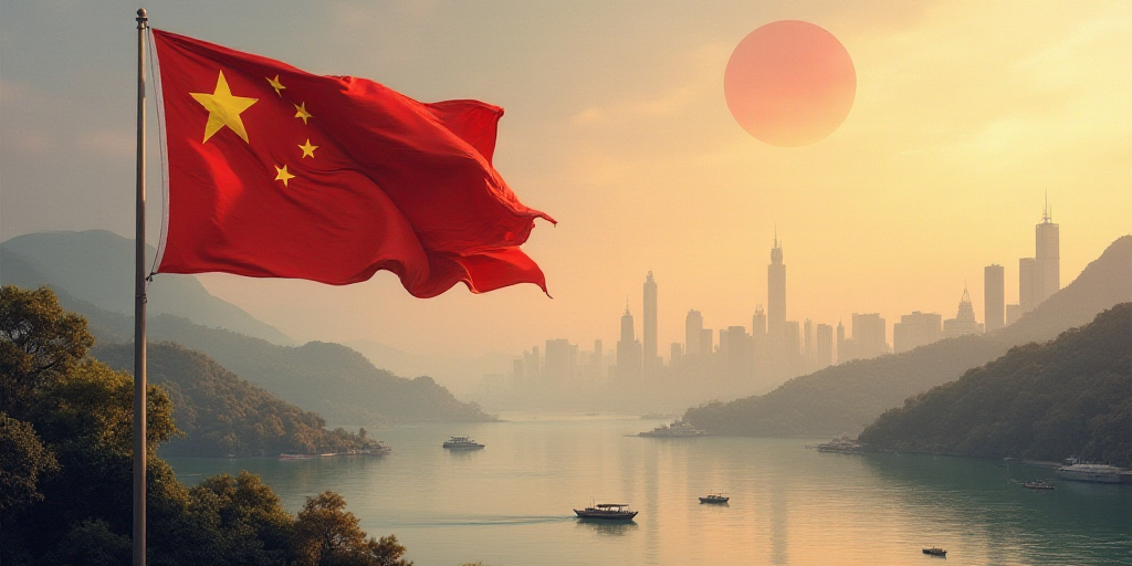 a flag with a city in the background in the foreground of a body of water with boats in the foregrou