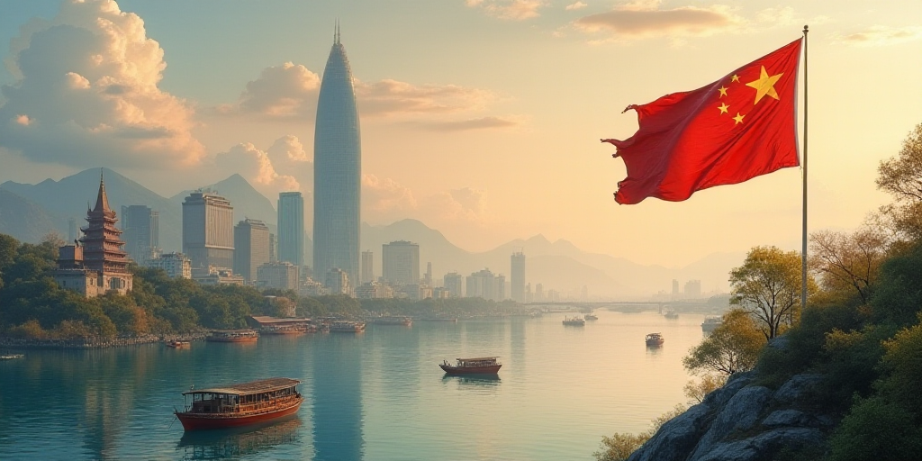 a flag with a city in the background in the foreground of a body of water with boats in the foregrou