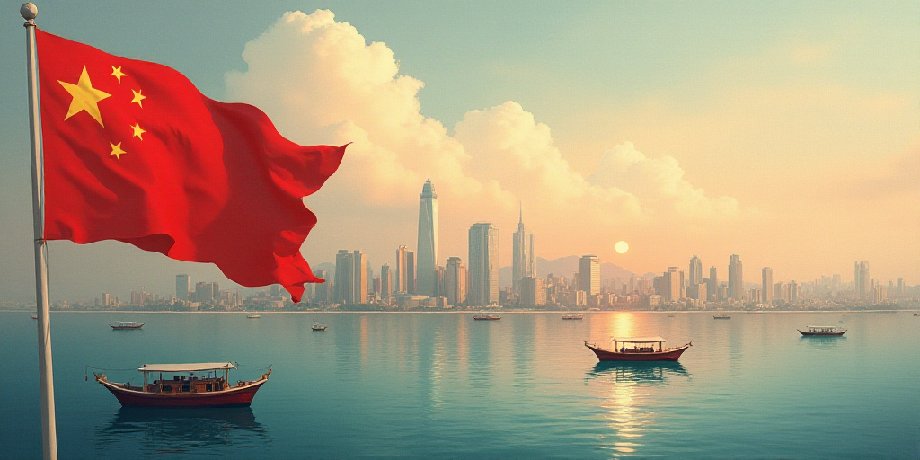 a flag with a city in the background in the foreground of a body of water with boats in the foregrou