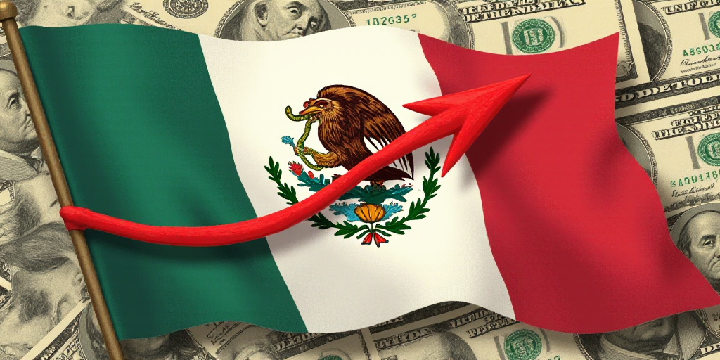 a flag with a red arrow on it and money in the background of a flag of mexico and a red arrow, Aquir