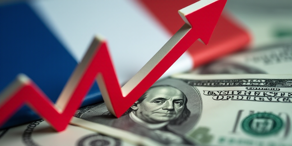 a flag with a red arrow on it and money in the background with a stock market graph in the foregroun