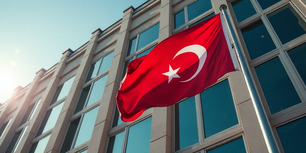 a flag with a star and a crescent on it flying in front of a tall building with windows in the backg