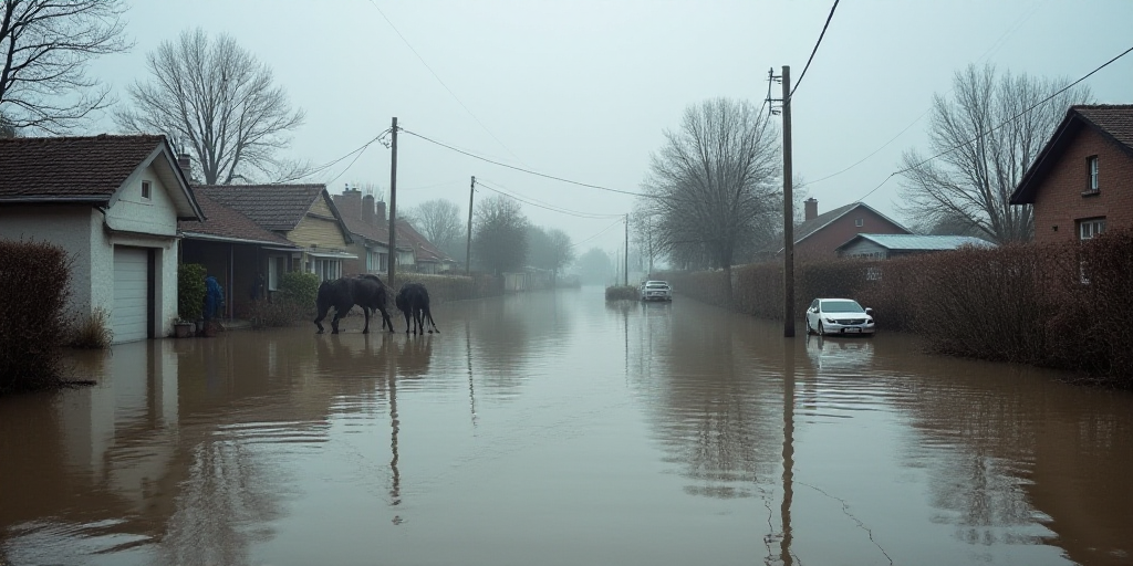 a flooded area with a few buildings and cars in it and people standing around in the water and a few