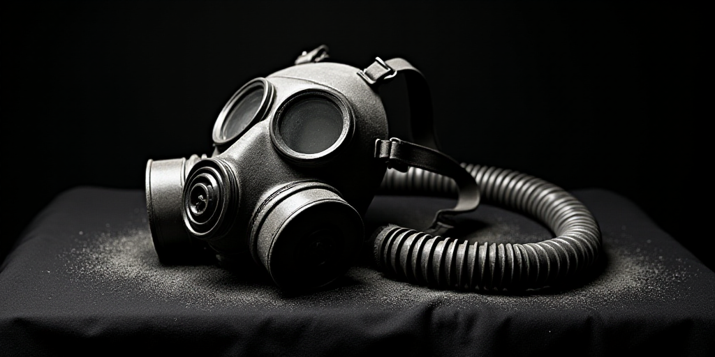 a gas mask and a black and white striped tube on a black cloth background with a black and white str